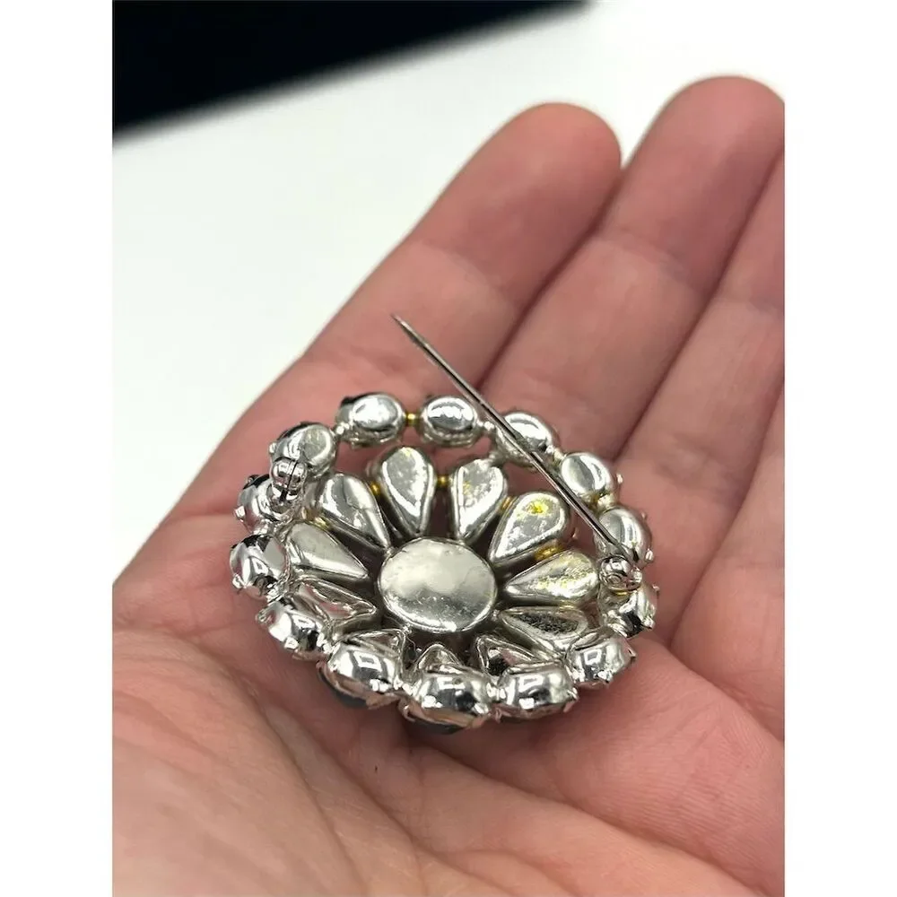 Vintage Aqua Blue Rhinestone Floral Brooch Pin Fashion Jewelry - Picture 3 of 3
